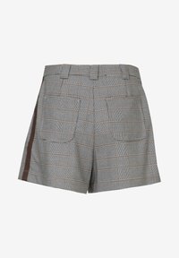 Karierte Shorts in Grautönen mit braunen Akzenten. Mit hoher Taille, seitlichen Taschen und einer strukturierten Passform. Strukturierter Stoff mit Gittermuster.