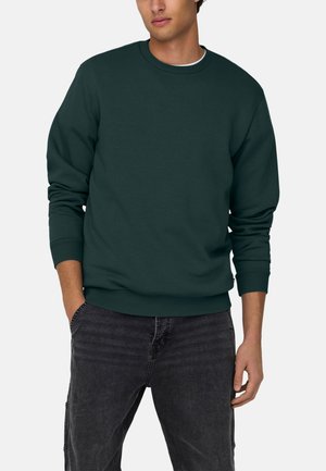 Donkergroene crewneck sweatshirt van zacht materiaal, met geribbelde manchetten en onderkant. Model draagt het met zwarte jeans en heeft zijn handen in de zakken.