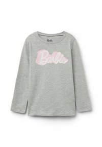 Šedá košile s dlouhým rukávem vyrobená z měkké látky, s růžovým logem "Barbie" v hravém písmu, kulatým výstřihem a bočními rozparky na lemu.