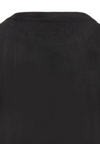 Black t-shirt made of soft fabric featuring a subtle embossed logo "FRENCH CONNECTION" on the back neckline. Simple design, short sleeves.