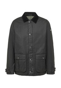 Schwarze wasserdichte Jacke mit einem Cordkragen, zwei vorderen Taschen und Druckknopfverschlüssen. Das Innenfutter hat ein grün kariertes Muster.