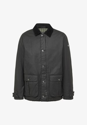 Melns ūdensizturīgs jaka ar kordūru apkakli, divām priekšējām kabatām un snap aizdare. Iekšpuse ir zaļā pārbaudītā oderē.