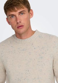 Suéter de punto color beige claro con un acabado texturizado, que presenta motas multicolores en azul y rosa. Cuello redondo acanalado y mangas largas.