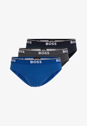 Three pairs of men's briefs: one in blue, one in gray, and one in dark blue. Each features a white logo waistband and a smooth, stretchy fabric.