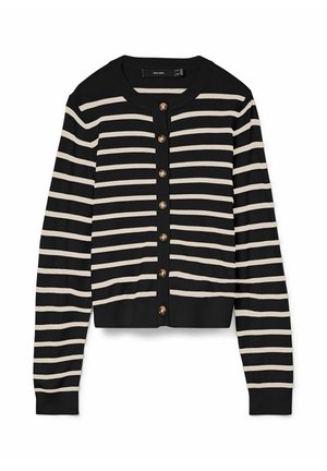 Zwarte knooploze cardigan met beige horizontale strepen, lange mouwen, ronde halslijn en geribbelde manchetten en zoom.