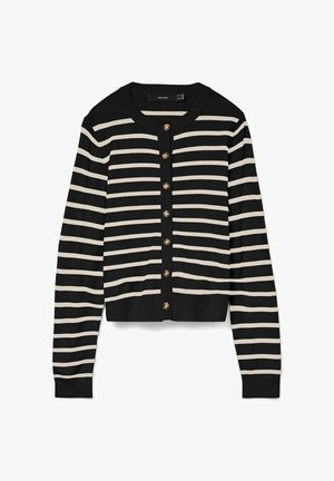 Crna dugmadna kardigan s bež horizontalnim prugama, dugim rukavima, okruglim izrezom te rebrastim manžetama i rubom.