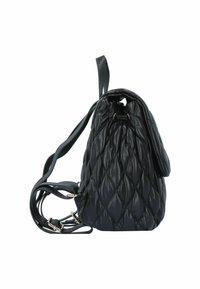Quilted black leather backpack with a rounded shape, metallic accents, and adjustable straps. Features a drawstring closure at the top.