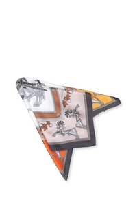 Silk scarf featuring intricate horse and floral designs in orange, white, and gray tones. Edges have a contrasting gray border.