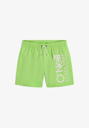 Pantaloni da bagno verdi realizzati in tessuto leggero, dotati di una vita elastica con cordino e logo stampato bianco sul lato.