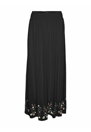Zwarte maxi rok met een elastische tailleband en bloemenborduurwerk aan de onderkant in verschillende kleuren. Soepele stof, vloeiende stijl.