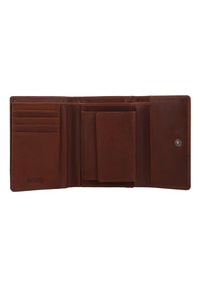 Portefeuille en cuir brun ouvert, montrant plusieurs emplacements pour cartes, une poche centrale à monnaie avec rabat et un compartiment à bouton pression sur le côté droit.