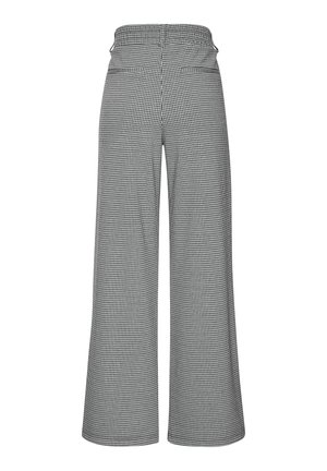High-waist black and white houndstooth wide-leg trousers with back pockets and a fitted waistband.