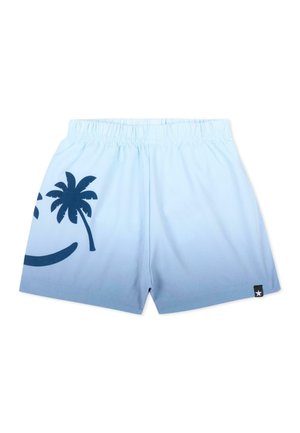 Pantaloncini azzurri con vita elastica, grafica di palma e onda blu scuro sulla gamba sinistra e etichetta a stella nera sull'orlo destro.