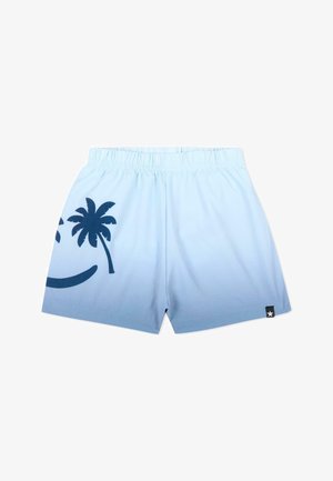 Pantaloncini azzurri con vita elastica, grafica di palma e onda blu scuro sulla gamba sinistra e etichetta a stella nera sull'orlo destro.