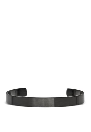 Bracciale a polsino in metallo nero elegante con finitura liscia e lucida e design aperto su sfondo bianco.