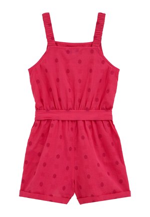 Punane varrukateta kombekas õlapaeltega, elastse vöökohaga, peene täpilise mustriga ja mansettidega lühikeste pükstega.