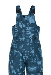 Salopette blu con un motivo geometrico ispirato alla natura. Realizzata in materiale impermeabile, dotata di spalline regolabili e tasche laterali.