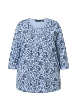 Jasnoniebieska tunika w kwiatowy wzór w ciemnoniebieskim kolorze, z dekoltem w serek i rękawami o długości trzech ćwierć. Miękka tkanina o luźnym kroju.