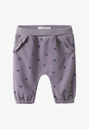 Purple corduroy pants with elastic waistband, featuring small blue floral patterns, ruffled side pockets, and elastic cuffs at the ankles.