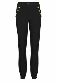 Pantalones negros de tela lisa, con un corte ajustado y seis botones dorados en el lateral. Diseño de pierna recta sin patrones.
