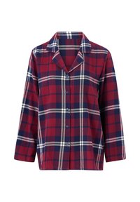 Rood en marineblauw geruit shirt met een kraaglijn, lange mouwen en knoopsluiting. Gemaakt van zachte stof met een relaxte pasvorm.