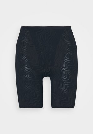 Black high-waisted shorts with a textured, wavy pattern and a smooth waistband. Made from stretchy, lightweight fabric.