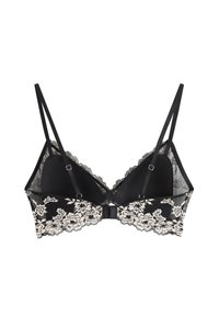 Zwarte kanten bralette met bloemmotieven, zachte cups, verstelbare bandjes en een haaksluiting. Heeft doorzichtige mesh-details en verfijnde afwerking.