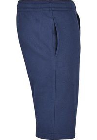 Blauwe katoenen shorts met een elastische tailleband, twee zijzakken en een rechte snit, met een gladde textuur en zonder zichtbare patronen.