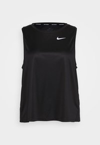 Černý bezrukávový sportovní top vyrobený z hladké, lehké tkaniny. Má kulatý výstřih a malé bílé logo Nike na přední straně.
