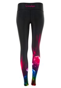 Zwarte leggings met een brede tailleband, voorzien van een kleurrijk geometrisch patroon in roze, blauw en groen, dat een dynamisch visueel effect creëert.