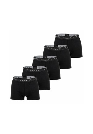 Fünf schwarze Herren-Boxershorts mit grauen Taillenbändern und "bugatti"-Branding, diagonal auf weißem Hintergrund angeordnet.