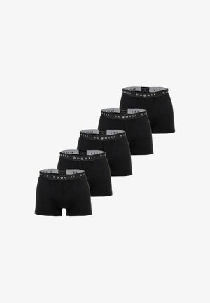 Cinque boxer neri da uomo con fascia grigia con il marchio "bugatti", disposti in fila diagonale su uno sfondo bianco.