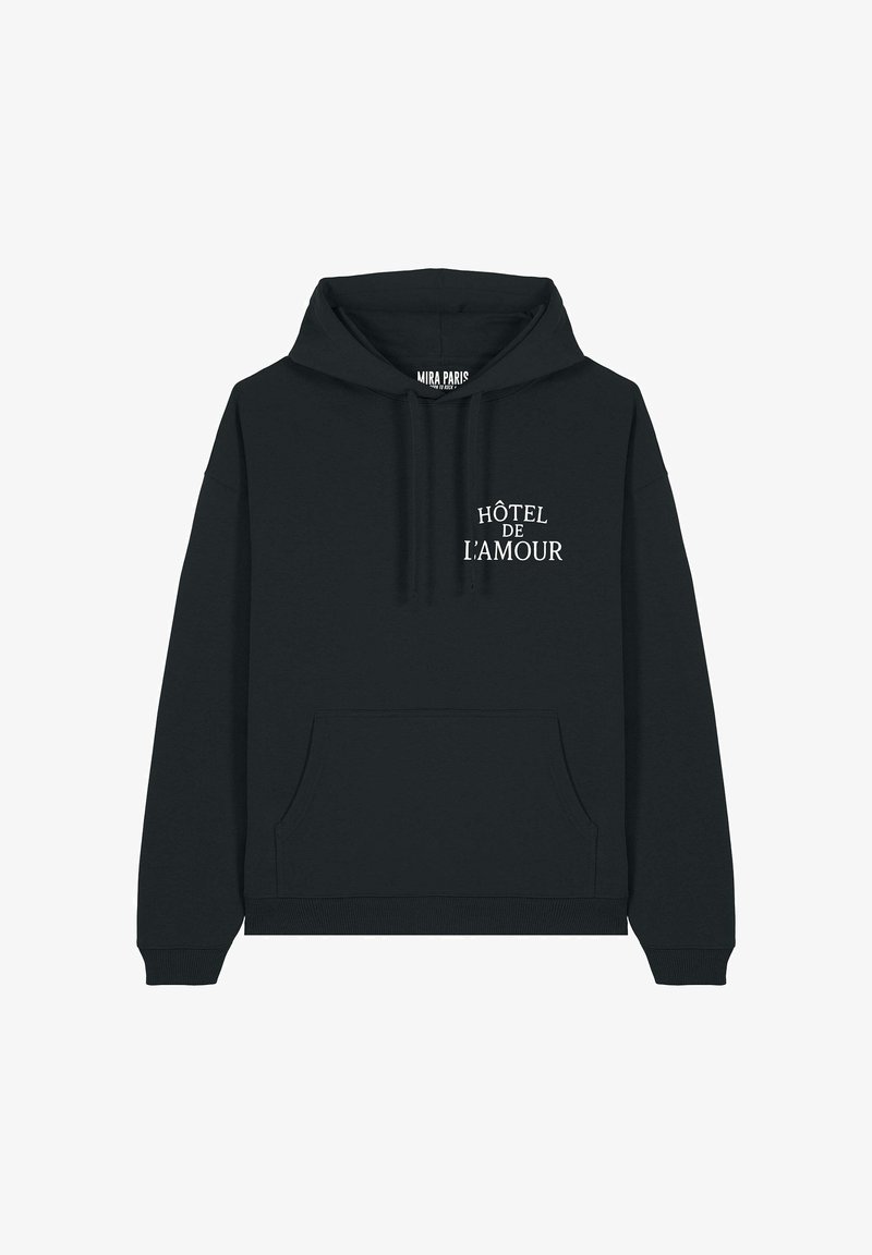 Schwarzer Hoodie mit Taschen auf der Vorderseite und weißem Text "Hôtel de l’Amour" auf der linken Brustseite, ausgestattet mit einer Kapuze mit Kordelzug.