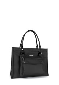 Borsa a tracolla nera in nylon con doppi manici superiori, dotata di una tasca frontale con zip e accessori in tono argentato. Texture liscia, forma strutturata.