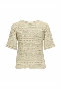Suéter de punto beige con un patrón texturizado que presenta rayas alternas y detalles de calado. Mangas cortas y cuello redondeado.