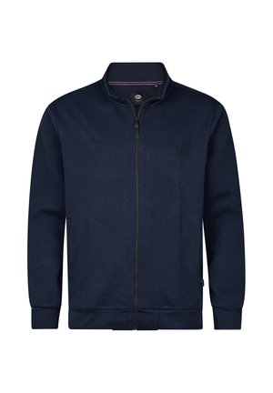Navy blauwe herenjas met ritssluiting, hoge kraag, subtiel patroon, geribbelde manchetten en een klein rond logo op de linkerborst.