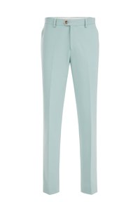 Light mint green trousers made of smooth fabric, featuring a flat front, a button closure, and tapered legs for a tailored fit.