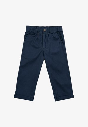Tumed puuvillaseguseega püksid elastse vöökoha ja ühe nööbi kinnitusega, ees taskud ja üles keeratud väljavenitatud sääred. Sile tekstuur, kohandatud istuvus.