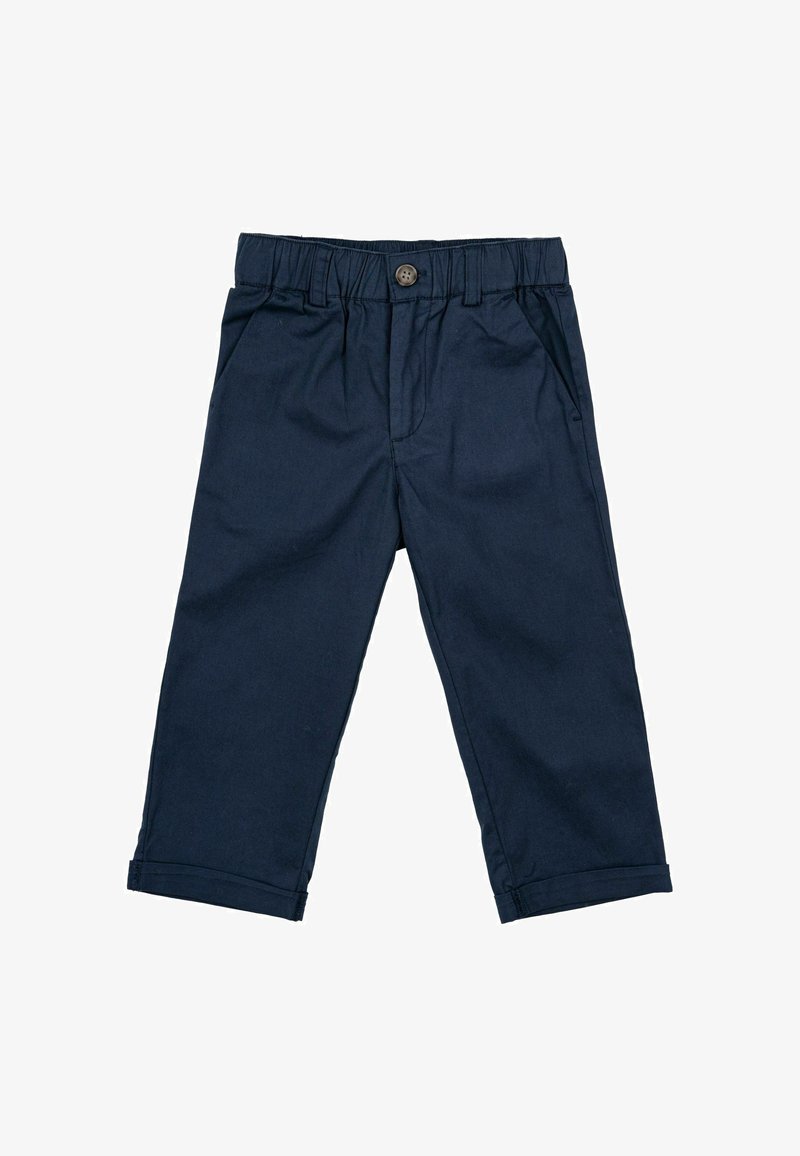 Mornarsko-modri hlače iz mešanice bombaža z elastičnim pasom, enim gumbom za zapiranje, sprednjimi žepi in zavihanimi robovi. Gladka tekstura, krojen fit.
