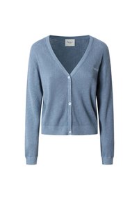 Cardigan a coste blu chiaro con scollo a V, maniche lunghe e cinque bottoni, caratterizzato da un piccolo logo ricamato sul petto.