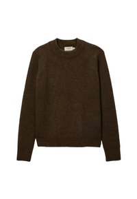 Pull en tricot marron avec un col rond, un ourlet côtelé et des manches raglan. Fabriqué à partir d'un mélange de laine texturée, avec une finition douce.