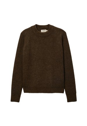 Pull en tricot marron avec un col rond, un ourlet côtelé et des manches raglan. Fabriqué à partir d'un mélange de laine texturée, avec une finition douce.