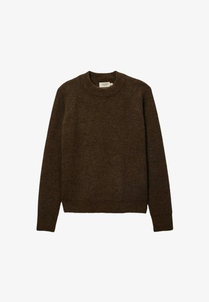 Pull en tricot marron avec un col rond, un ourlet côtelé et des manches raglan. Fabriqué à partir d'un mélange de laine texturée, avec une finition douce.