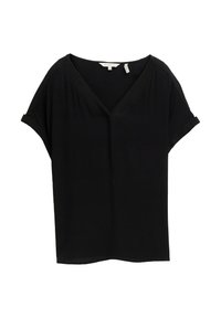 Haut noir à manches courtes avec un décolleté en V, fabriqué dans un tissu lisse. Caractéristiques : coupe ample et manches retroussées pour une silhouette décontractée.