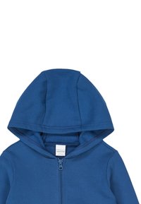 Felpa blue con zip e cappuccio, realizzata in materiale morbido. Presenta una zip frontale e non ci sono motivi o dettagli aggiuntivi visibili.