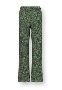 Grüne Blumenhose mit lockerer Passform, weitem Bein und elastischem Bund, sowie einem Muster aus verschiedenen Blumen und Blättern.