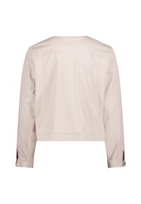 Light beige cropped jacket, cotton material, long sleeves with button accents, clean design, slightly textured fabric, classic collar.