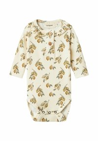 Bodysuit de bebé de manga larga en tejido acanalado color crema claro, con estampado floral en amarillo y verde, cuello con volantes y detalles en botones de madera.