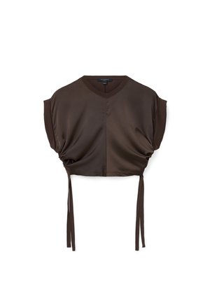 Blusa corta a maniche corte di colore marrone scuro con scollatura a V e lacci laterali regolabili, realizzata in tessuto morbido.