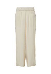 Pantalons larges couleur beige clair en tissu lisse. Dotés d'une taille élastique et d'une coupe décontractée, arrivant au milieu du mollet.